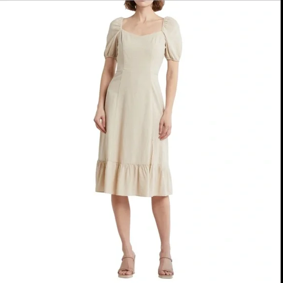 Ellen Tracy Sweetheart Neckline Balloon Sleeve Flounce Linen Midi Dress Sz Large - Picture 3 of 11